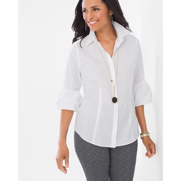 Chico's Women's White No-Iron Bubble-Sleeve Button Up Shirt  Size 3 - Picture 2 of 10